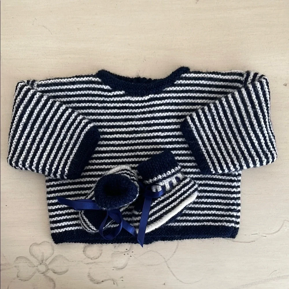 Hand Knit Striped Navy and White Baby Sweater with Booties